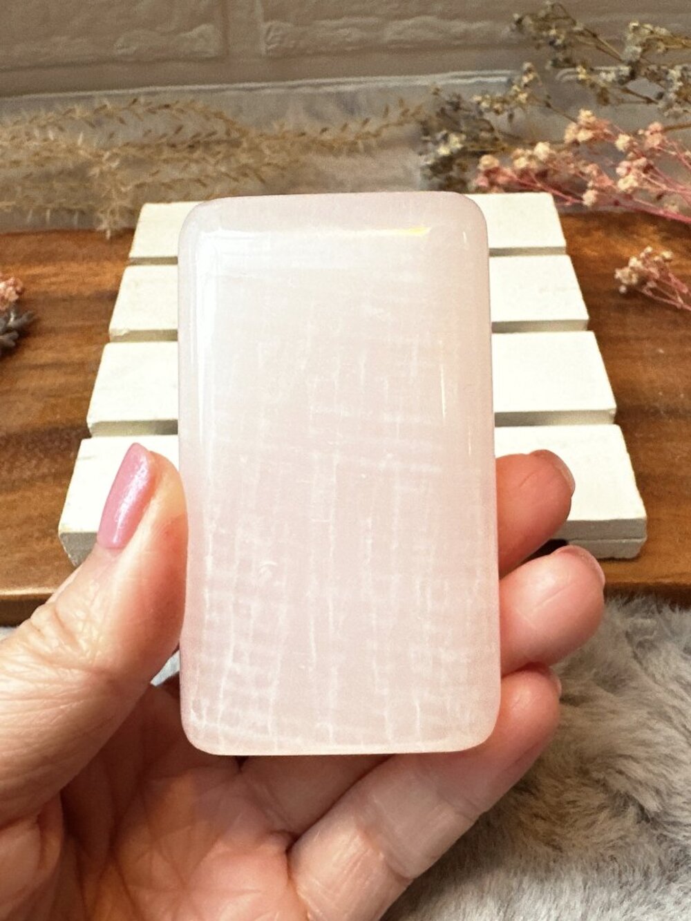 Beautiful Pink Mangano Calcite Rectangle Palm Stone